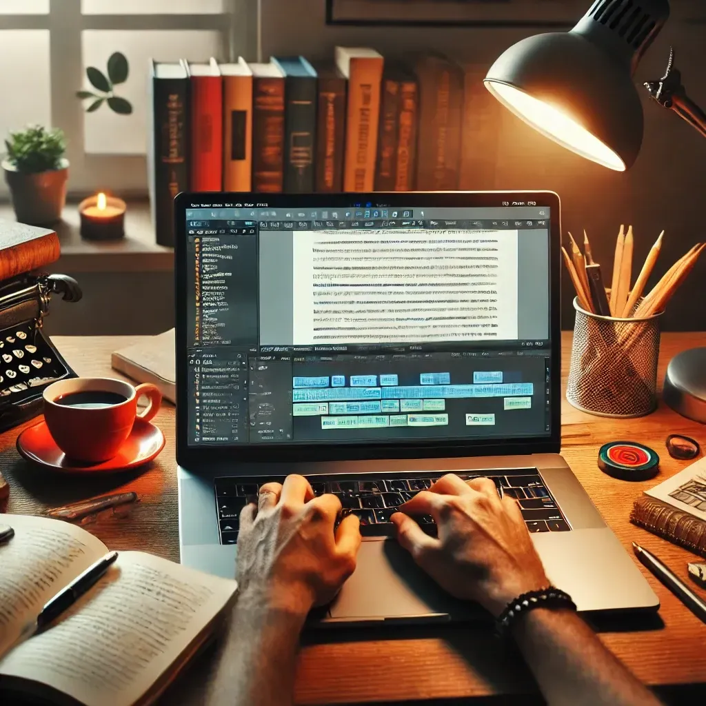 A self-published author revising their manuscript on a laptop with editing notes and track changes visible on the screen. The desk is organized with a cup of coffee, a notebook, and a stack of reference books. A cozy lamp provides warm lighting, and a bookshelf filled with writing resources is in the background.