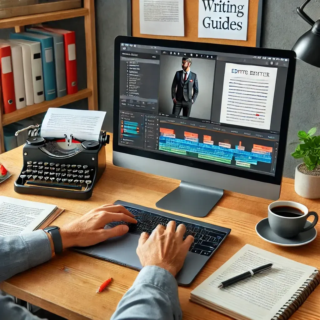A professional editor reviewing a self-published book on a laptop, with editing marks and comments visible on the screen. The desk is neatly arranged with a coffee cup, notepad, and reference books. A bookshelf with writing guides and a plant are in the background, creating a cozy yet professional workspace.