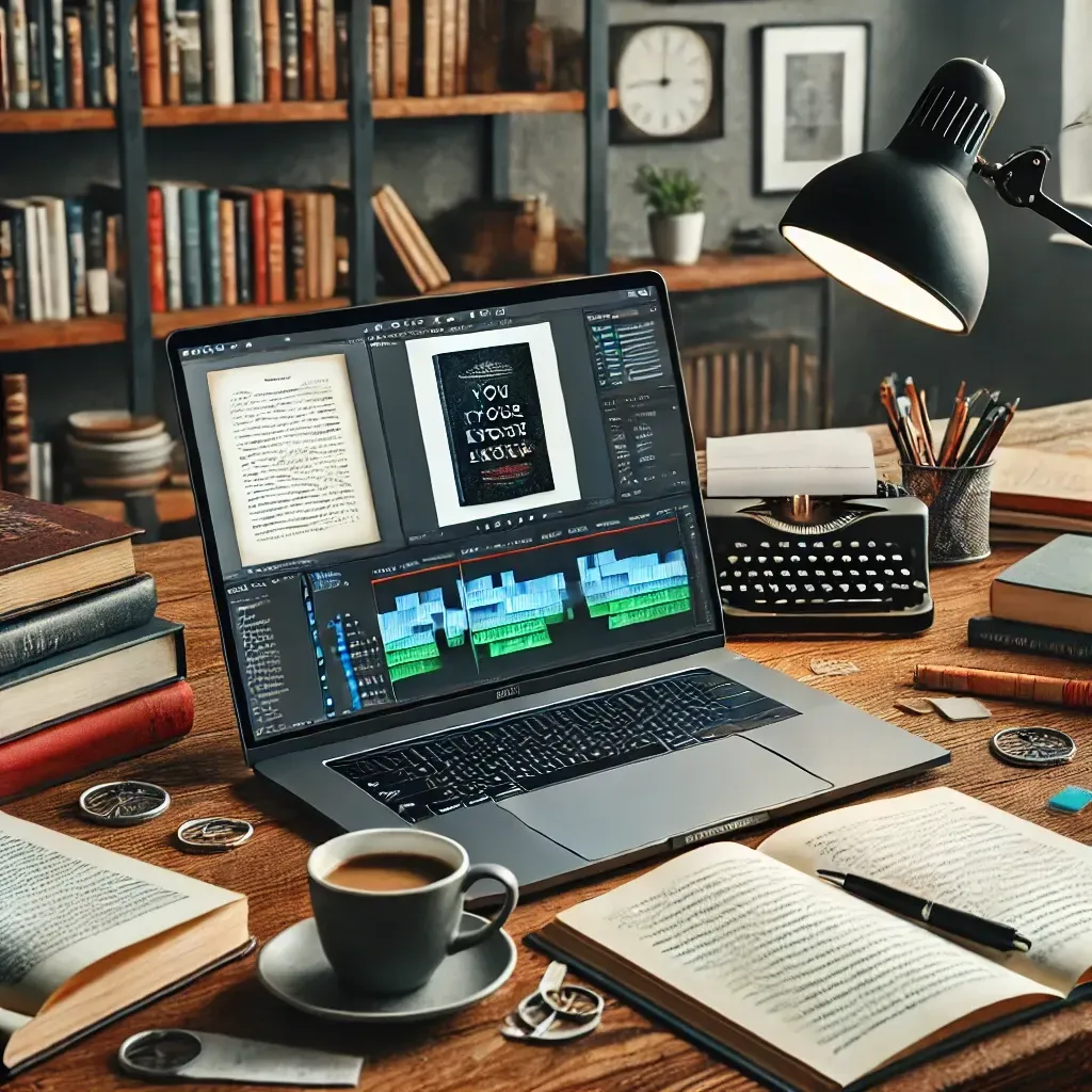 A self-published author working on their book at a desk, with a laptop open to a manuscript showing editing notes and track changes. A printed book proof with a professional cover is on the desk. A cup of coffee, a notepad, and a bookshelf filled with writing resources create a cozy yet productive atmosphere.
