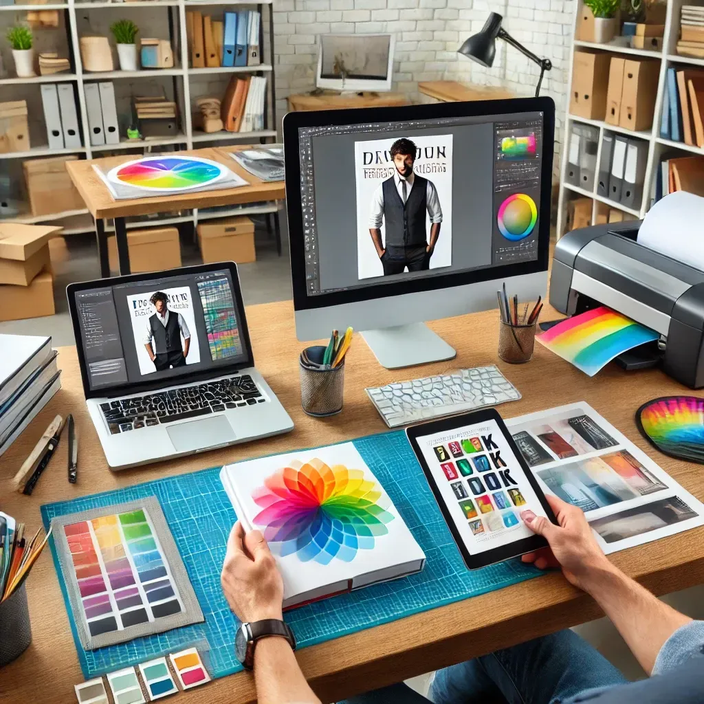 A professional book printing setup displaying three book formats: an ebook on a tablet, a paperback book, and a hardcover book. The desk is neatly arranged with printing tools, paper samples, and a color palette. A designer is reviewing book cover options on a laptop, ensuring high-quality printing. A bookshelf with various published books is in the background, creating a professional and creative workspace.
