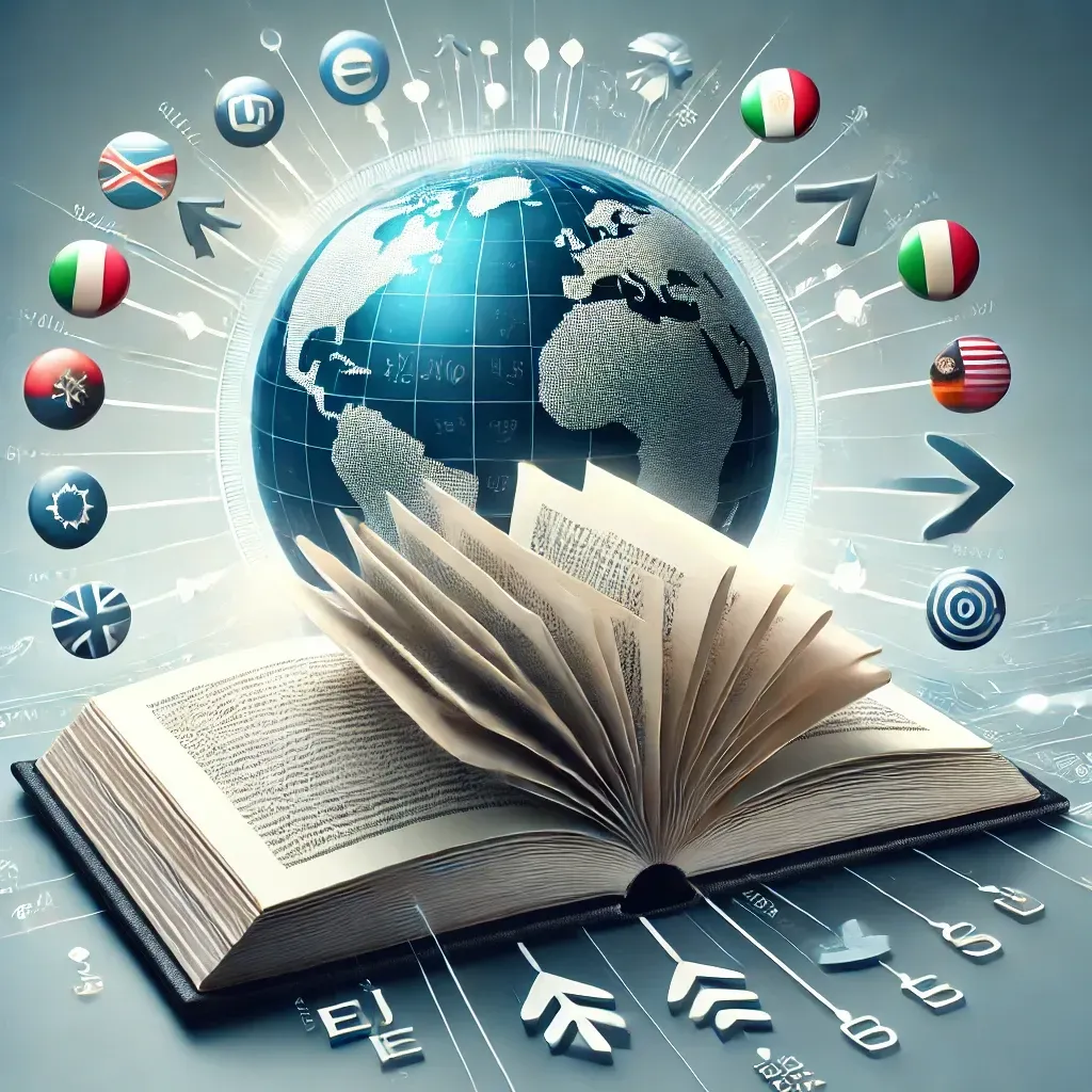 A professional book publishing concept featuring a hardcover book open with pages transforming into multiple languages. A globe in the background represents international reach, with arrows connecting various countries, symbolizing global book distribution. The design highlights translation and marketing strategies for authors expanding their audience worldwide.