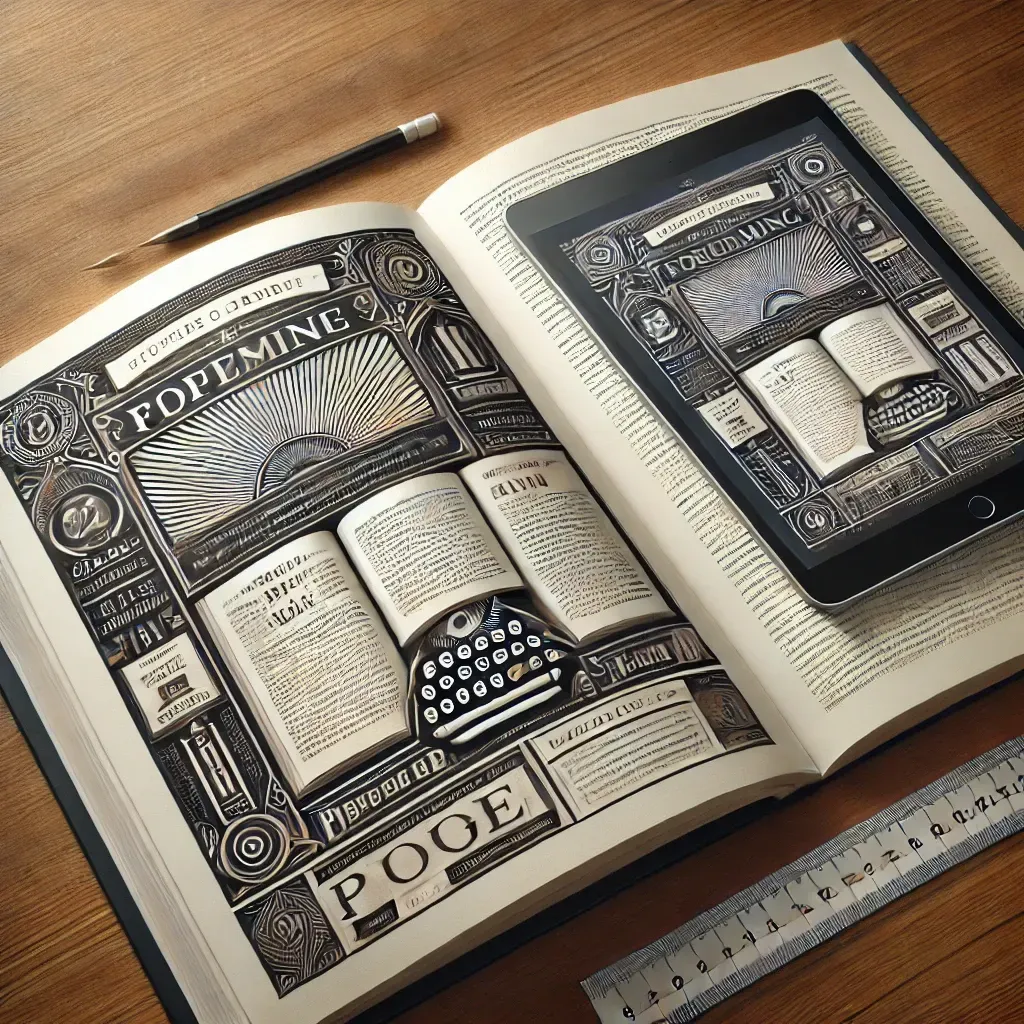 A professional book formatting concept featuring an open book with neatly aligned text and structured pages. A digital tablet beside it displays an e-book version, symbolizing formatting for both print and digital publishing. Elegant typography and layout elements emphasize readability and adherence to industry standards.
