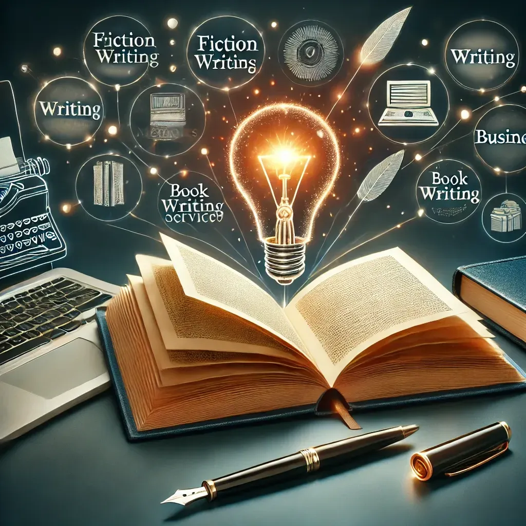 A professional book writing concept featuring an open book with glowing pages, symbolizing creativity and storytelling. A laptop beside it represents digital writing services, while a fountain pen and notebook add a classic touch. The background includes subtle genre icons (fiction, memoirs, business), highlighting diverse book writing services.