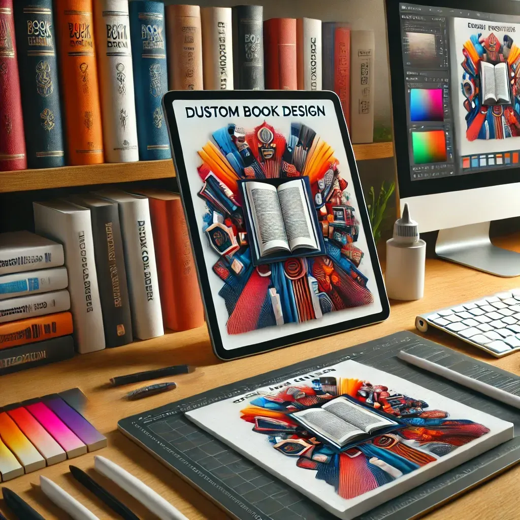 A visually striking book cover design concept featuring a selection of custom book covers displayed on a shelf. A designer’s workspace is in the foreground with a digital tablet showcasing a book cover in progress. Bright and engaging colors emphasize creativity and professionalism in book cover design.