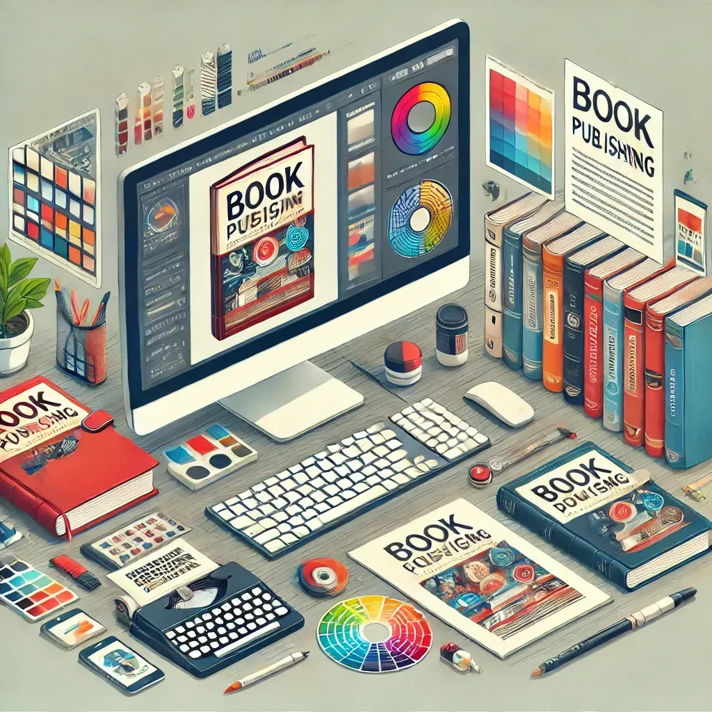 A professional book publishing concept featuring a book cover design process. A designer’s workspace with a computer screen displaying a book cover in progress, color palettes, and typography tools. A printed book and an e-book version are showcased beside it, symbolizing complete publishing support.