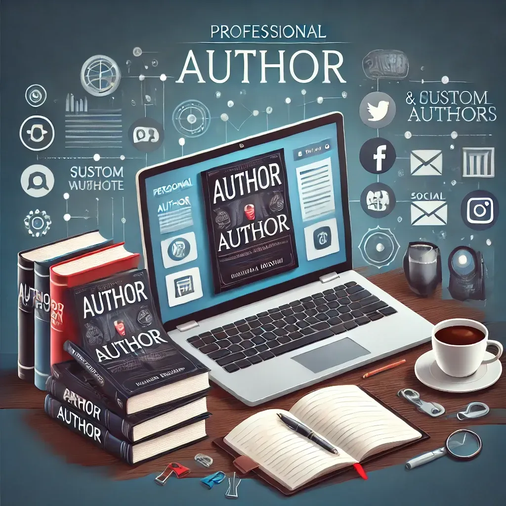 A professional author branding concept featuring a laptop displaying a personal author website, a stack of books with custom covers, and social media icons in the background. A coffee cup and a notepad symbolize planning and strategy for self-published authors. The design highlights marketing and branding essentials.