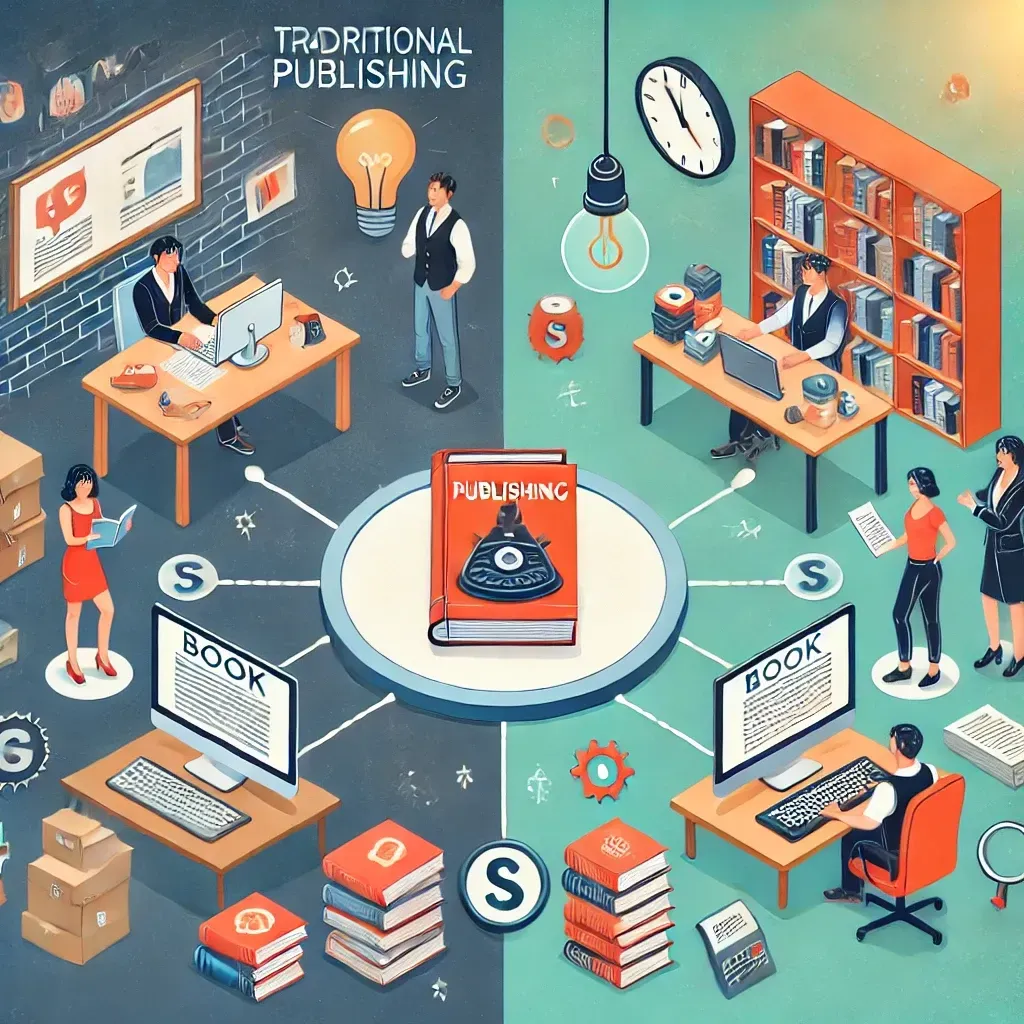 A side-by-side comparison of self-publishing and traditional publishing. On the left, an independent author works on a laptop, surrounded by books and marketing materials. On the right, a publishing company office with a team discussing a book manuscript. A central book icon connects both paths, symbolizing the choice between self-publishing and traditional publishing.
