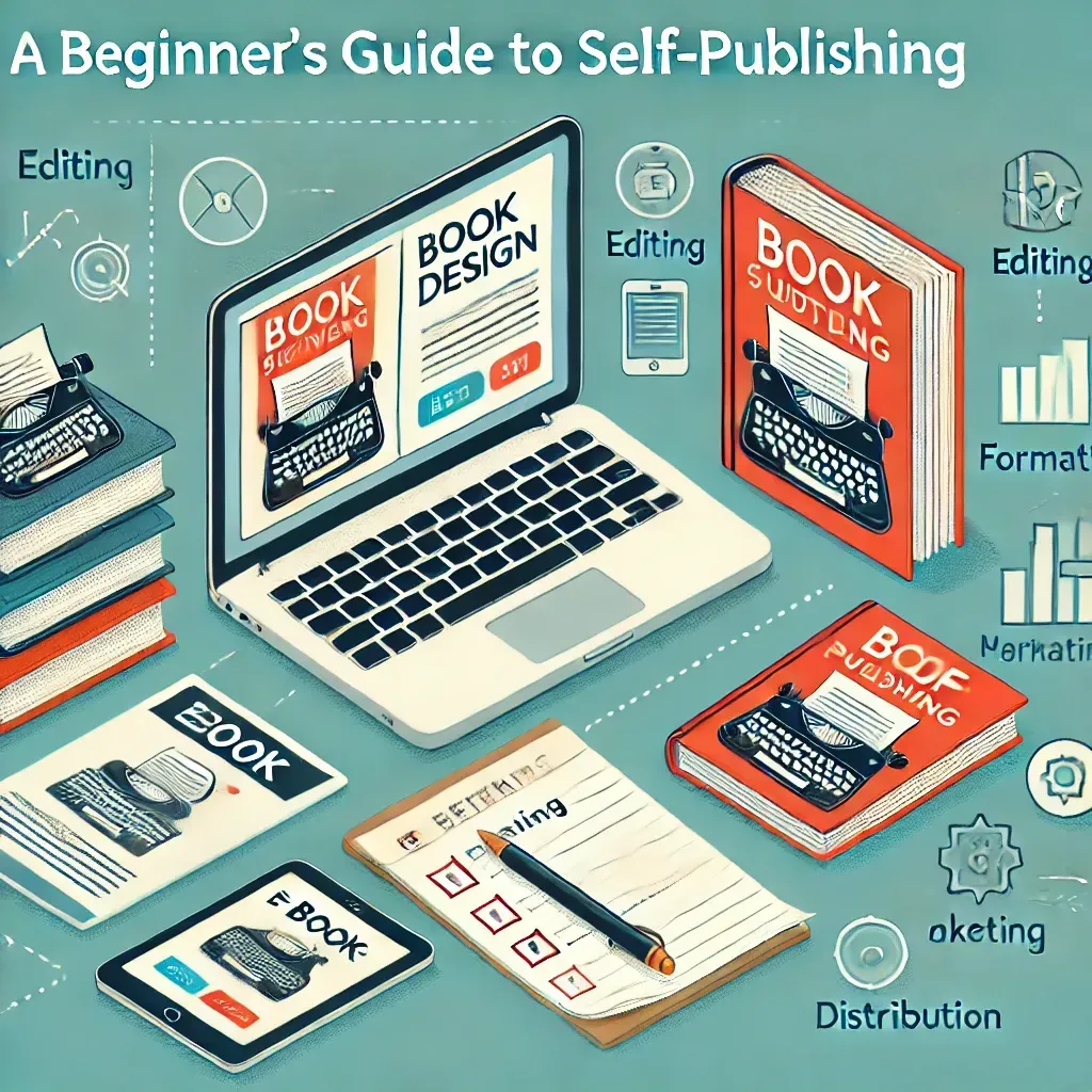 A beginner's guide to self-publishing concept featuring a laptop with a book cover design in progress, a stack of printed books, and a tablet displaying an e-book. A checklist on a notepad highlights steps like editing, formatting, and publishing. The background includes icons representing marketing and distribution.