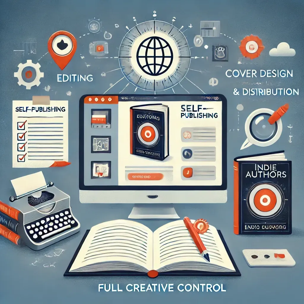 A concept illustrating how self-publishing companies empower indie authors. A laptop displaying a self-publishing dashboard, a printed book and an e-book beside it, and a checklist of key publishing steps. Background includes icons representing editing, cover design, and distribution, symbolizing full creative control.