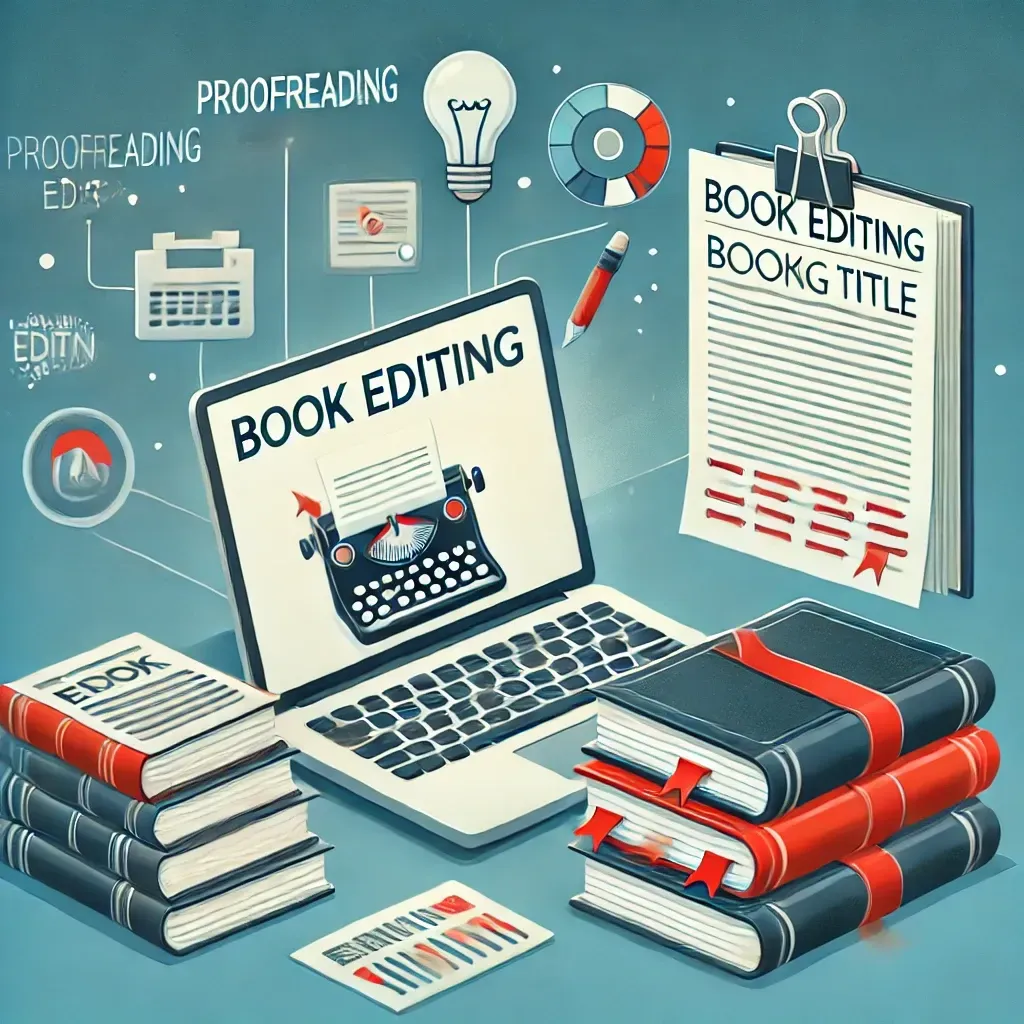 A concept illustrating the importance of book editing and a strong title in self-publishing. A laptop displaying a book title brainstorming session, a stack of edited manuscripts with red markings, and a printed book ready for publishing. The background features icons representing proofreading, editing, and publishing success.