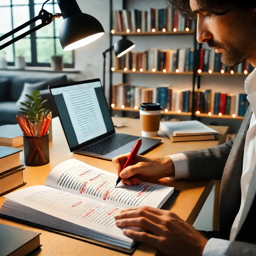 A professional book editor working at a desk, meticulously reviewing a manuscript with red markings on the pages. The workspace is cozy and well-lit, featuring bookshelves filled with books and writing materials in the background. A laptop and a coffee cup sit on the desk, emphasizing the editor's focus and attention to detail.