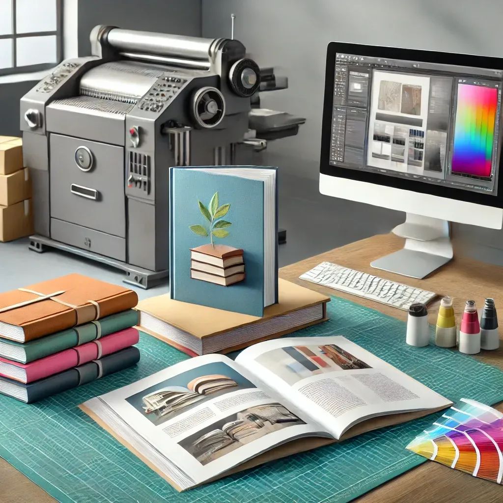 A professional book printing setup featuring an open book on a printing press, with high-quality hardcover and paperback books stacked nearby. The workspace includes a computer screen displaying a book cover design, along with a color palette and paper samples neatly arranged on the desk, highlighting the custom book printing process.