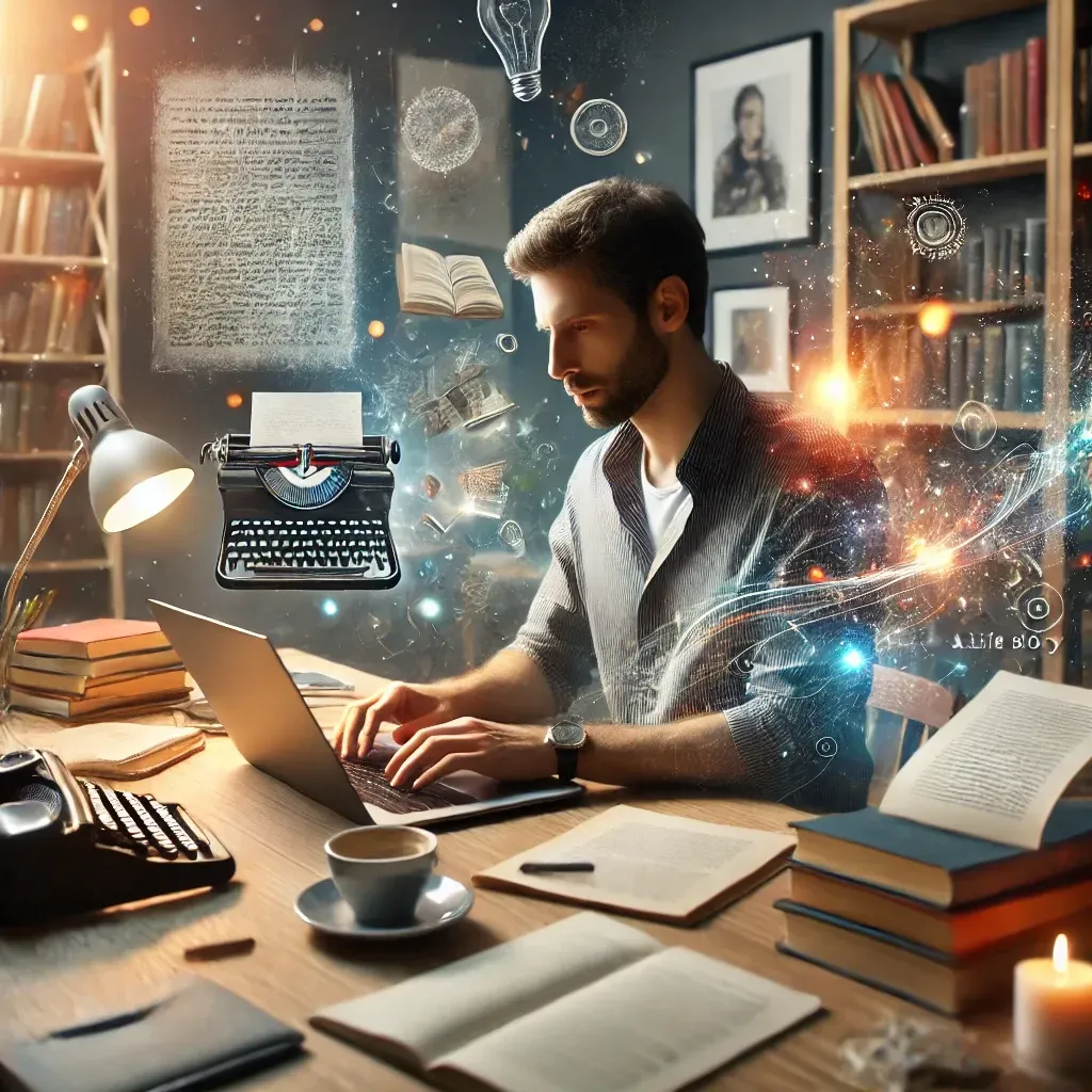 A professional ghostwriter working on a laptop, surrounded by notes and a manuscript draft in a cozy workspace with warm lighting. Bookshelves filled with books and a cup of coffee add to the setting. In the background, a book cover design in progress symbolizes the transformation of an idea into a published book.