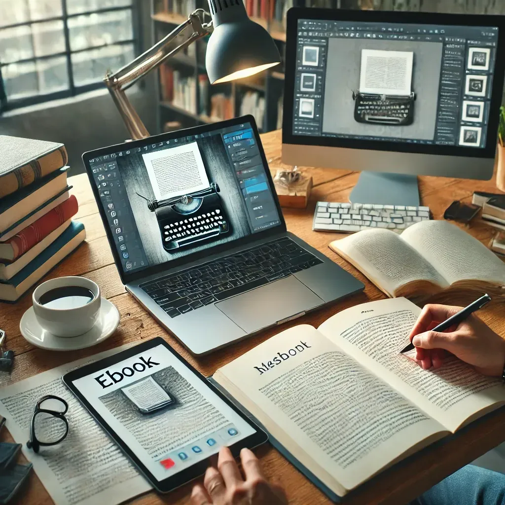A professional eBook writer working on a laptop in a modern workspace, surrounded by notes and a manuscript draft. A digital tablet displaying an eBook layout sits on the desk, along with a coffee cup and bookshelves in the background. The scene highlights the structured process of crafting a market-ready eBook.
