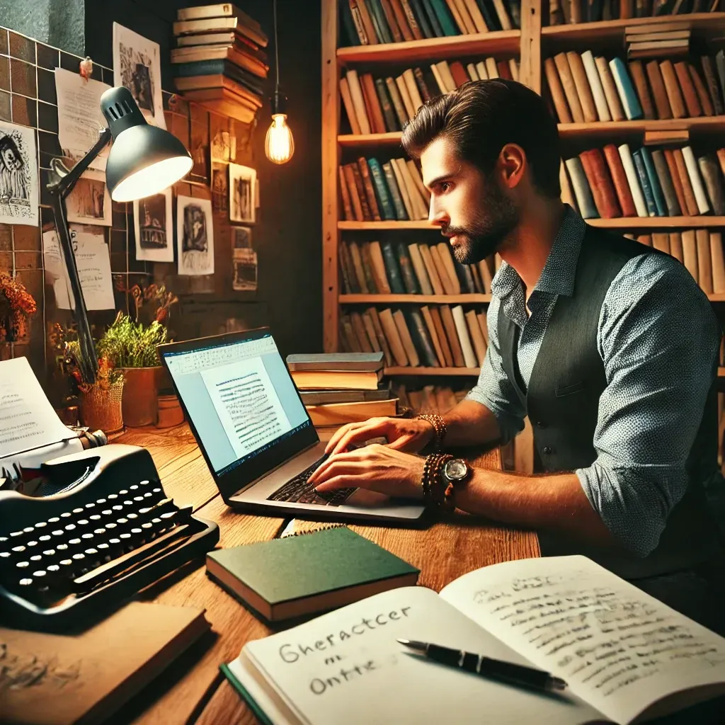 A professional ghostwriter working on a fiction manuscript, typing on a laptop in a cozy, well-lit workspace. Bookshelves filled with novels and creative writing notes surround the desk. A notebook with character sketches and plot outlines is open beside the laptop, highlighting the structured process of crafting engaging fiction stories.