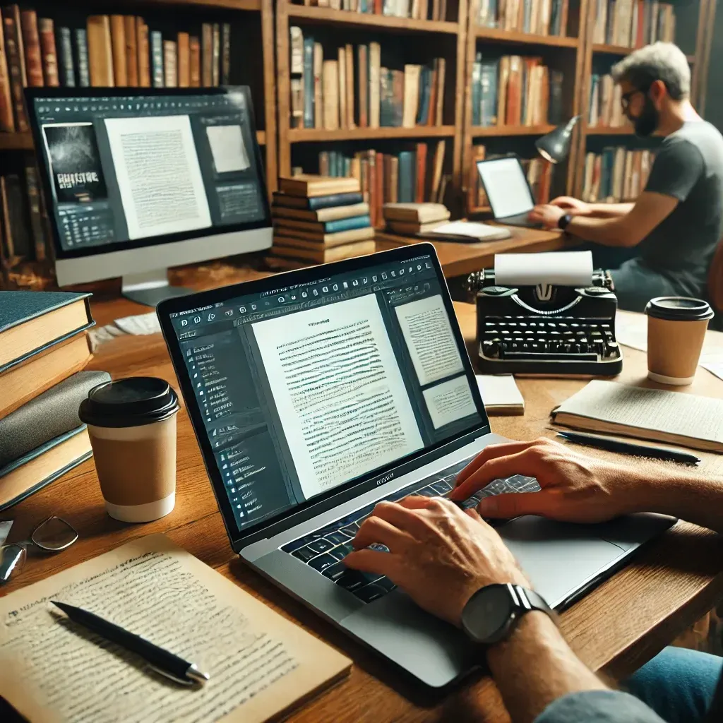 A professional ghostwriter working on a laptop, crafting a book manuscript in a well-organized workspace. The desk is equipped with notes, a coffee cup, and a printed manuscript draft. In the background, bookshelves filled with reference materials and a digital tablet displaying an eBook layout highlight the structured writing process.