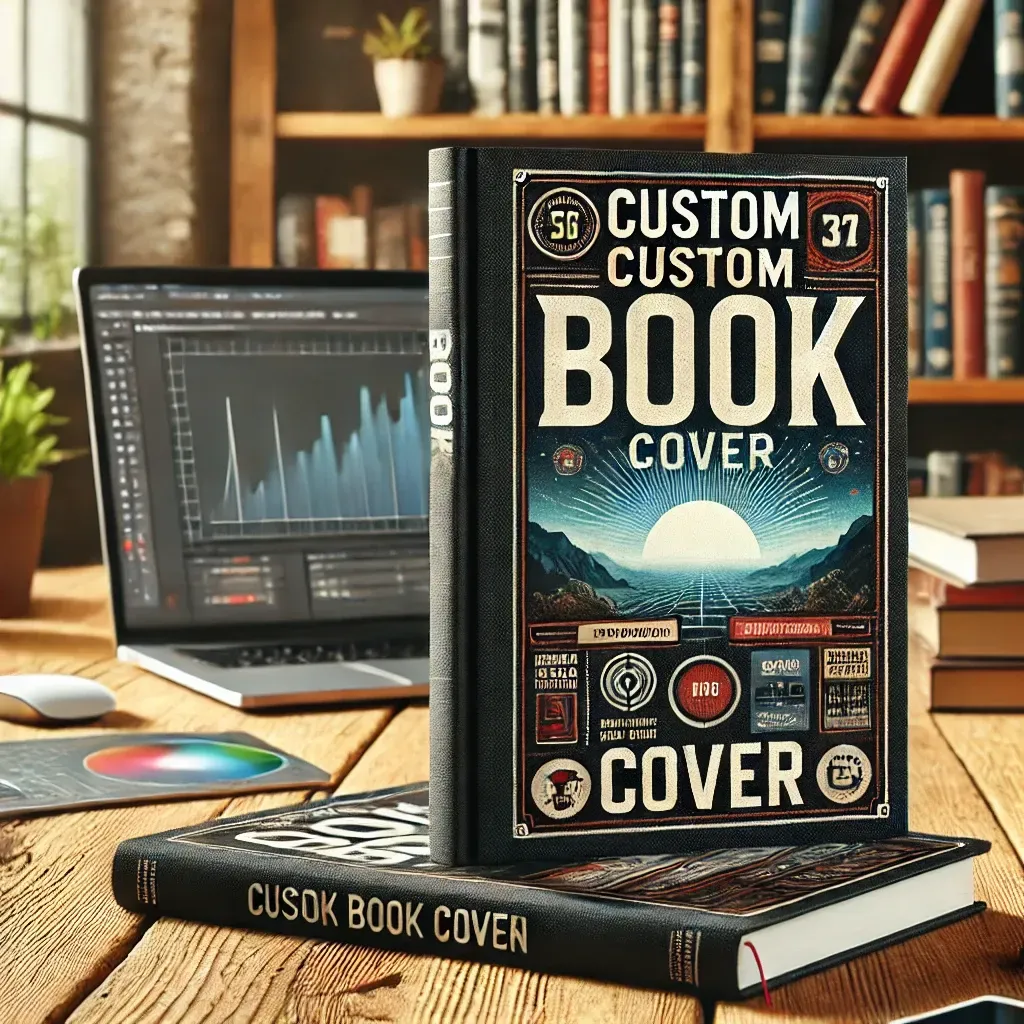 A professionally designed custom book cover displayed on a hardcover book, placed on a wooden table with a stack of other books nearby. The book cover features an eye-catching design with bold typography and high-quality imagery. In the background, a designer's workspace includes a laptop screen showing book cover design software, emphasizing the creative process of custom book printing.
