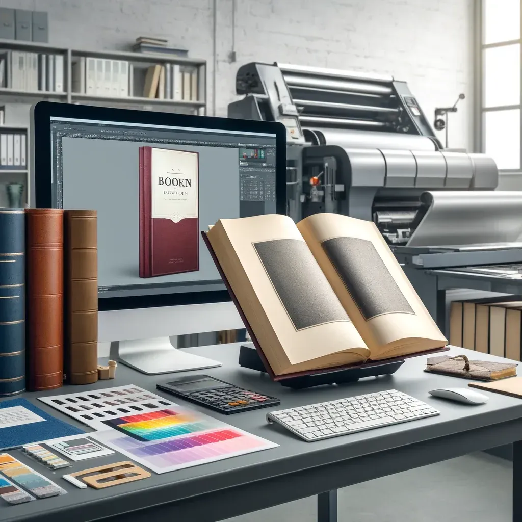 A professional book printing and design setup featuring an open book on a printing press, surrounded by hardcover and paperback books. A computer screen displays a book cover design, while various paper samples and binding options are neatly arranged on the desk, highlighting the process of transforming a manuscript into a professionally printed book.