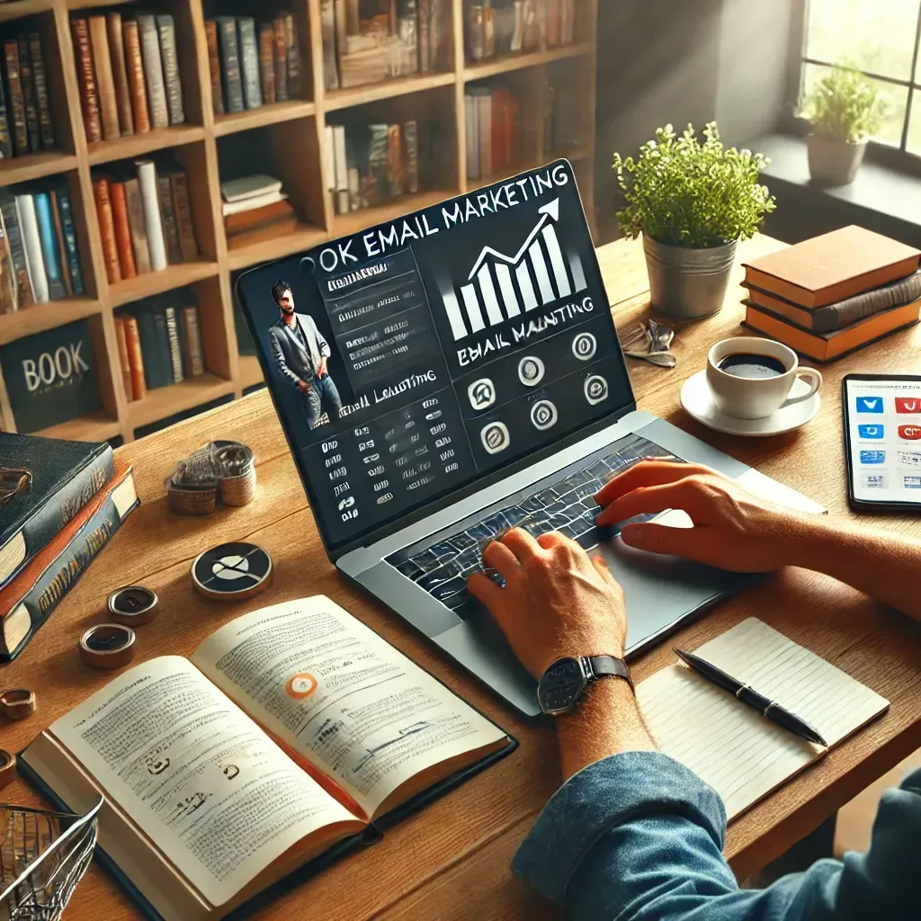 A self-published author working on email marketing campaigns at a desk with a laptop displaying an email dashboard. The workspace is modern, featuring bookshelves, a coffee cup, and a smartphone open to social media. A notepad with book launch strategy notes is nearby, highlighting the power of email marketing in self-publishing.