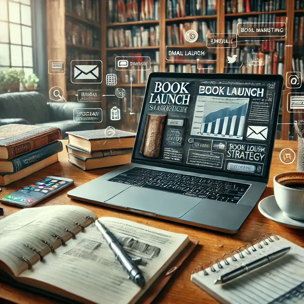 An author preparing for a book launch using email marketing. The workspace includes a laptop displaying an email campaign dashboard, a notepad with book launch strategy notes, and a cup of coffee. In the background, bookshelves filled with books and a smartphone open to social media highlight the integration of marketing channels.