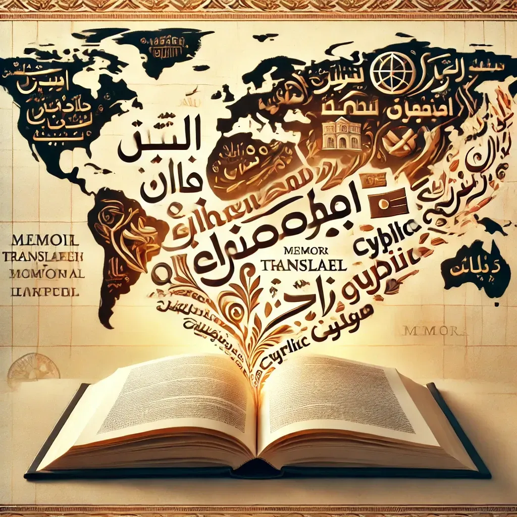 A beautifully designed book cover featuring a memoir being translated into multiple languages. Open books display text flowing into different scripts, including Latin, Chinese, Arabic, and Cyrillic. The background showcases a world map symbolizing global reach, with a professional and artistic design in warm, inviting colors.