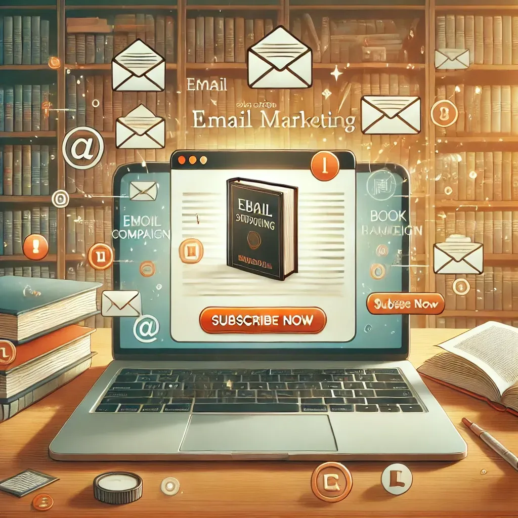 A professional and engaging image illustrating email marketing for authors. A laptop screen displays an email inbox featuring a book cover and a