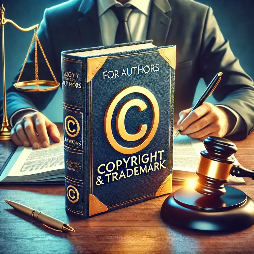 A professional and visually compelling image showcasing a book with a copyright and trademark symbol on its cover. Surrounding the book are a pen, a gavel, and legal documents, symbolizing legal protection. In the background, a professional setting features a lawyer reviewing paperwork, emphasizing the importance of trademark registration. The authoritative color scheme of blue and gold conveys trust and credibility in securing an author's brand identity.
