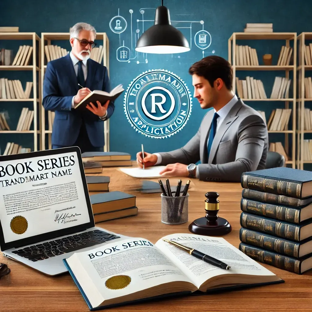 A professional author’s workspace featuring a book series trademark registration certificate on a wooden desk. A laptop screen displays the USPTO trademark application portal, while a lawyer in a suit reviews documents with an author. A bookshelf filled with published books is in the background, symbolizing literary success and brand protection. The setting conveys the importance of trademarking a book series name.