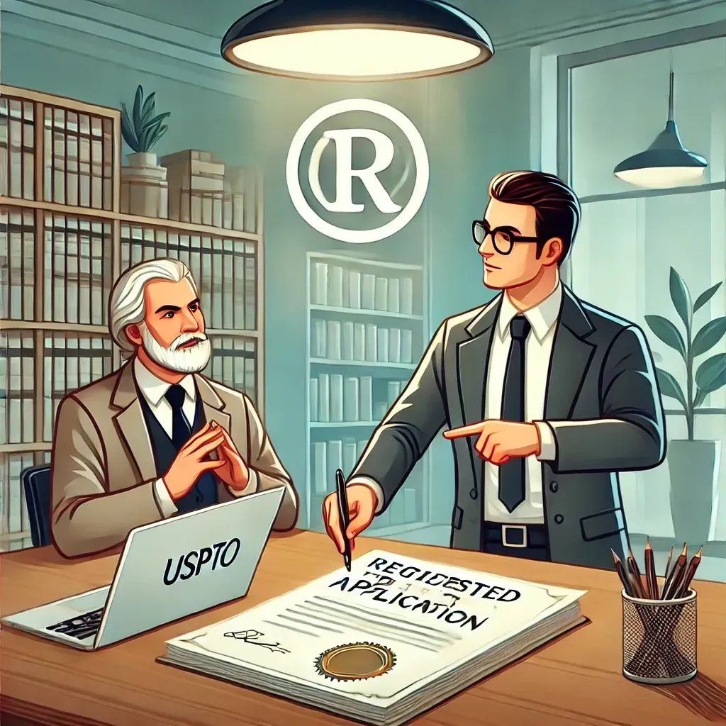 An author consults with a trademark attorney in a modern office. The attorney points to a legal document with a registered trademark symbol (®) while the author looks engaged. A laptop on the desk displays the USPTO trademark application portal. In the background, a bookshelf filled with books symbolizes publishing. The setting is sleek and professional, featuring neutral tones and contemporary design.