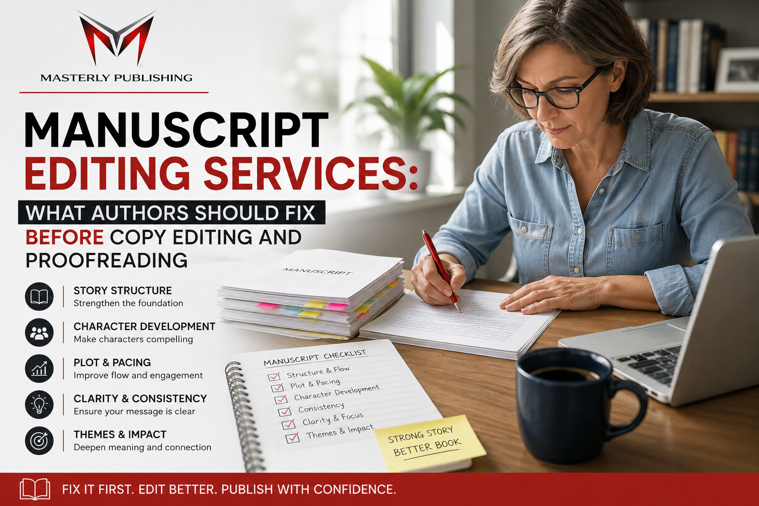 Professional manuscript editor reviewing a book