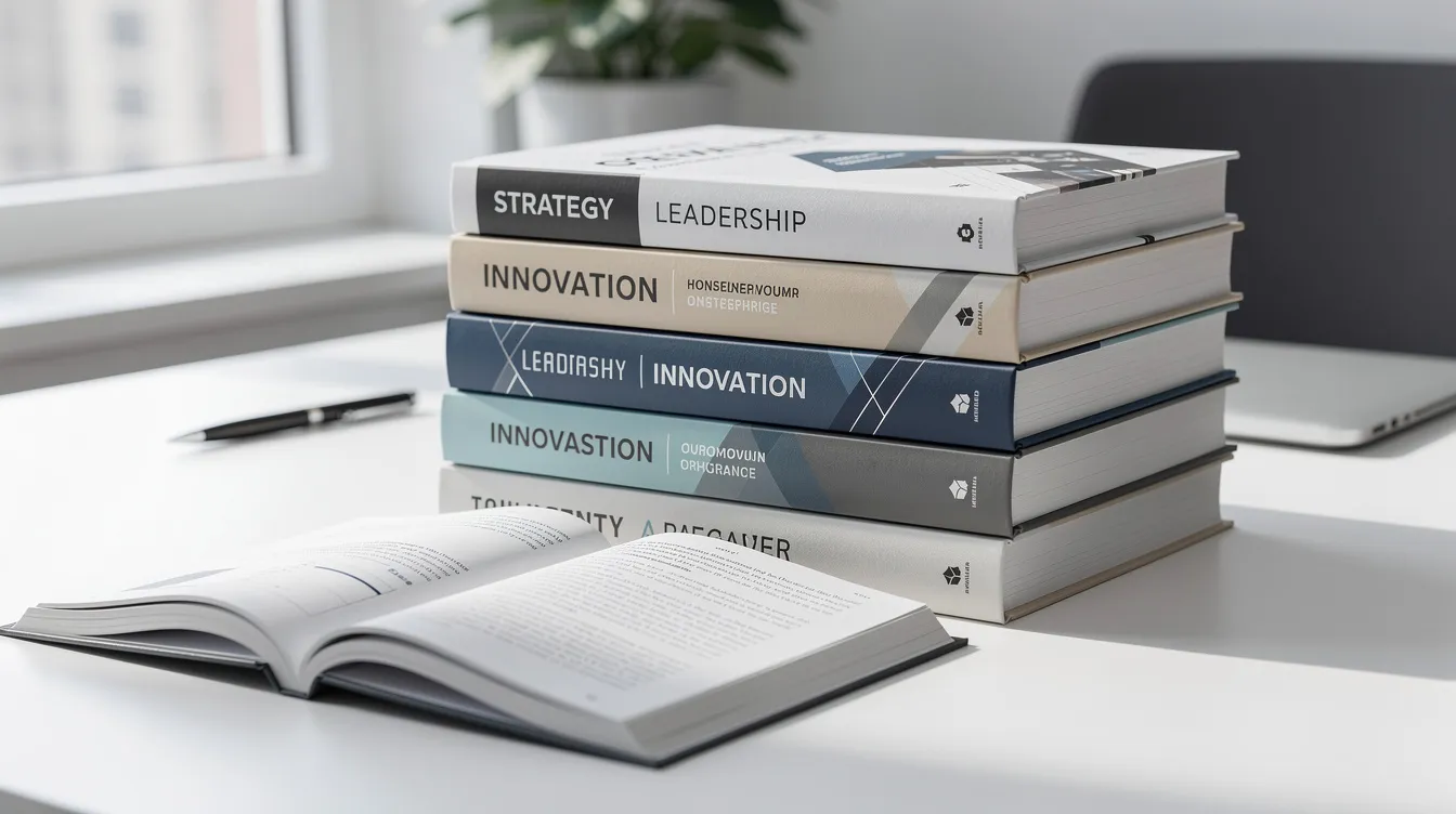 Stack of strategy, innovation, and instruction books beside an open notebook on a white desk with a laptop.