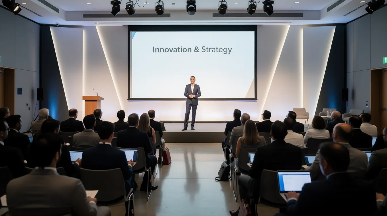 Speaker presenting on a conference stage to an audience in a modern auditorium, slide reads “Innovation & Strategy”