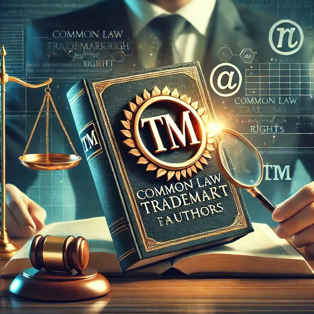 A professional and authoritative image depicting common law trademark rights for authors. An open book with a 