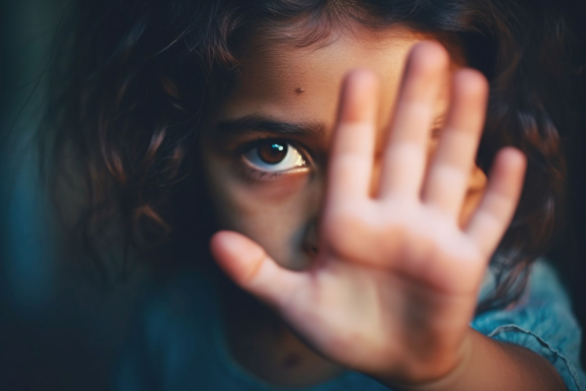 A person looking directly at the camera with one hand held up in a gesture to stop.