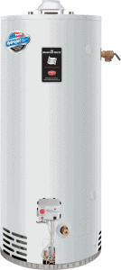 A white water heater is sitting on a white surface.