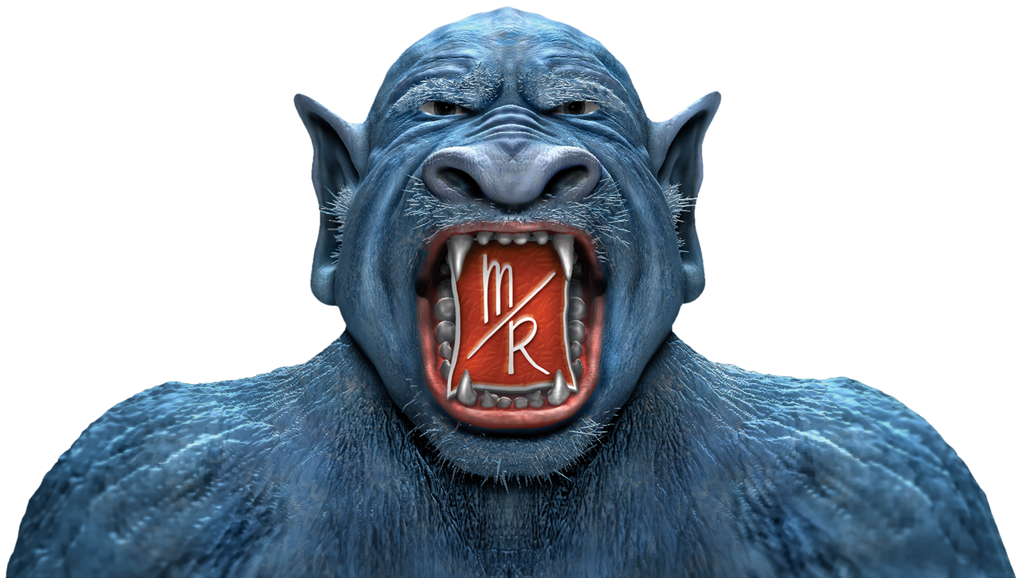 A close up of a blue monster with its mouth open.