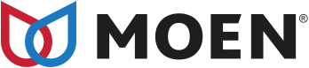 A moen logo with a red and blue swirl on a white background.