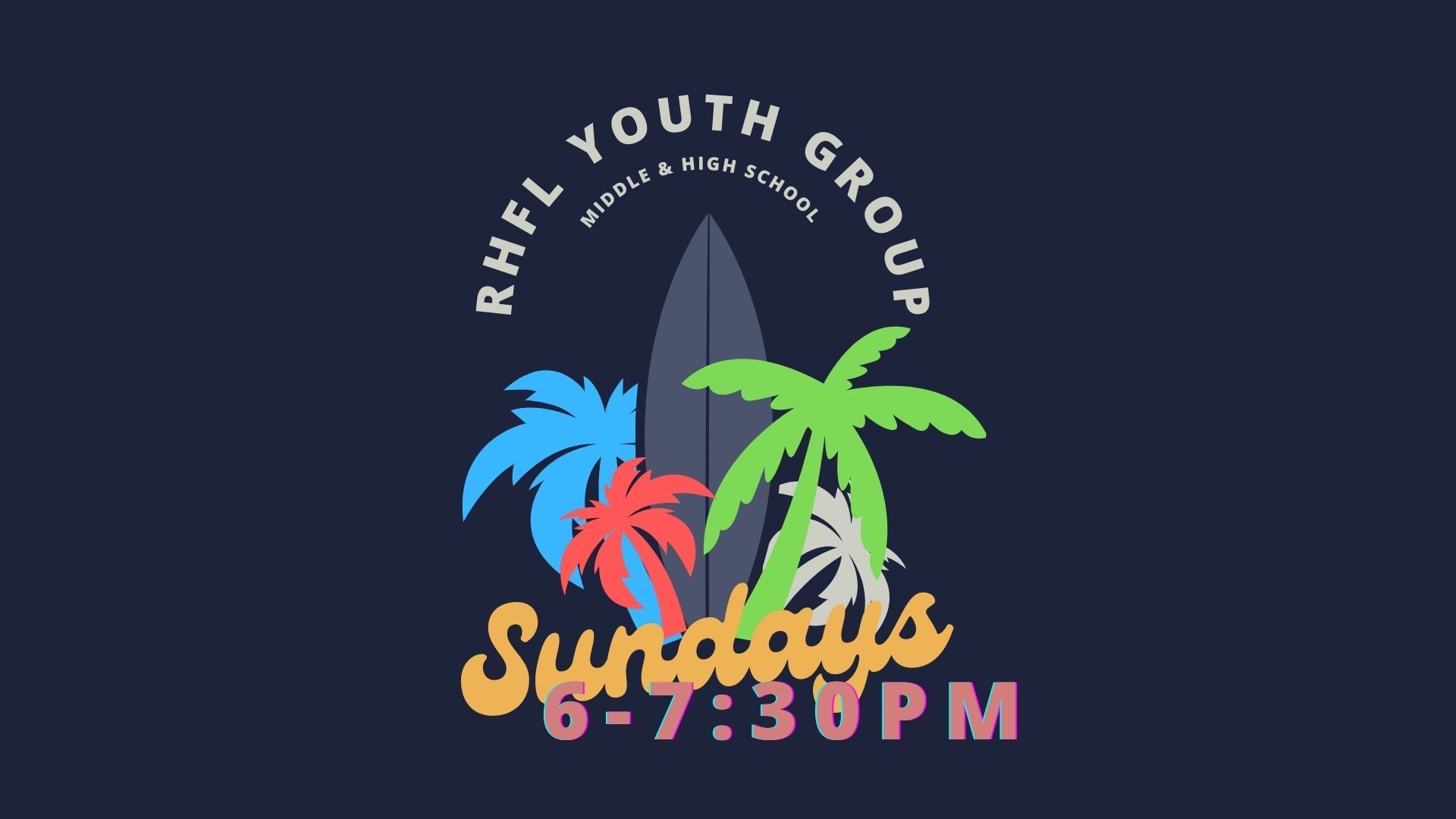 The logo for the rhfl youth group shows palm trees and a surfboard