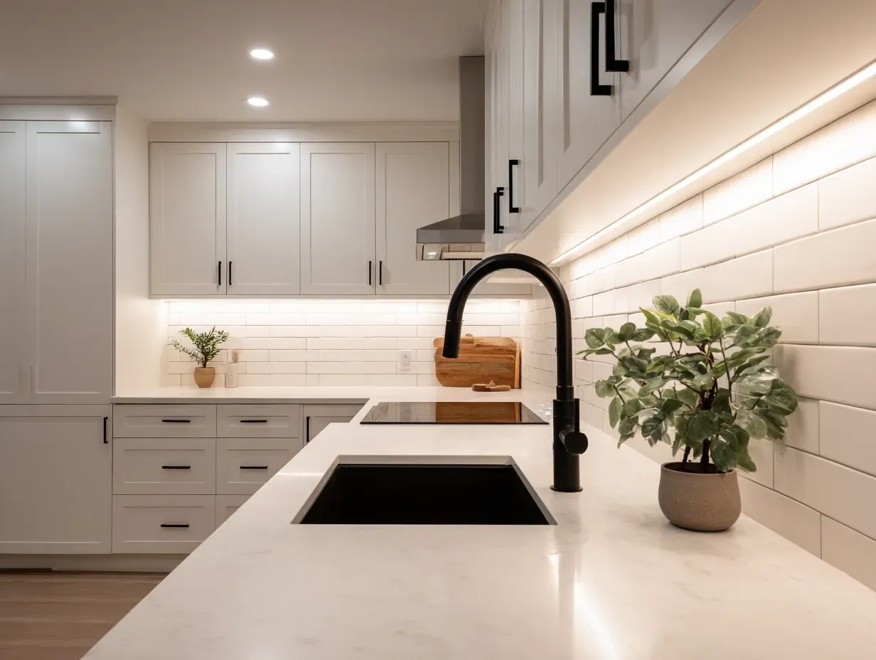 Kitchen lighting upgrades in a Vancouver remodel with recessed LED lighting, pendant lights, under-cabinet lighting installation, dimmable fixtures, energy-efficient lighting upgrades, and modern Vancouver kitchen renovation contractors.