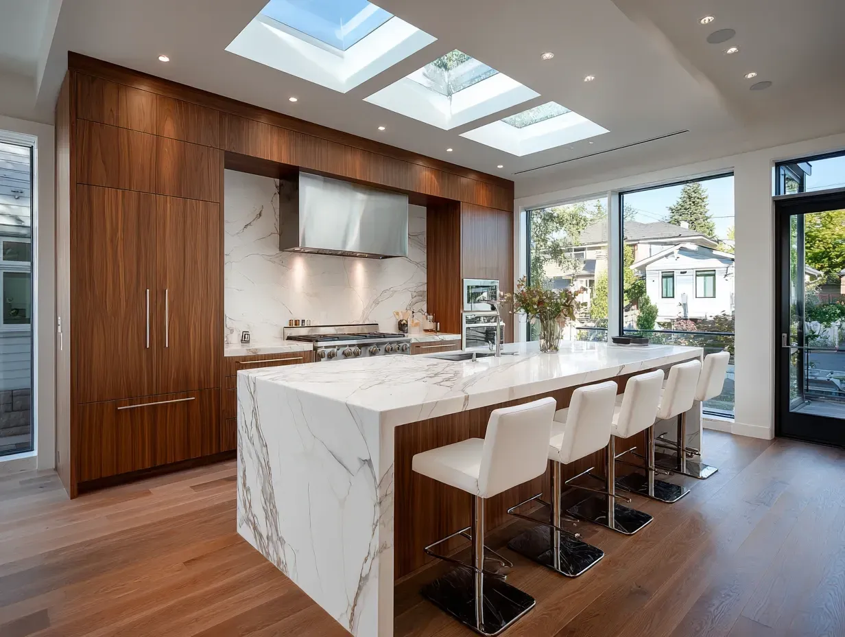 Coquitlam kitchen renovation with luxury quartz countertops, custom kitchen cabinets, tile flooring upgrades, recessed LED lighting, and professional Vancouver kitchen remodelers serving Coquitlam homeowners with full kitchen upgrades.