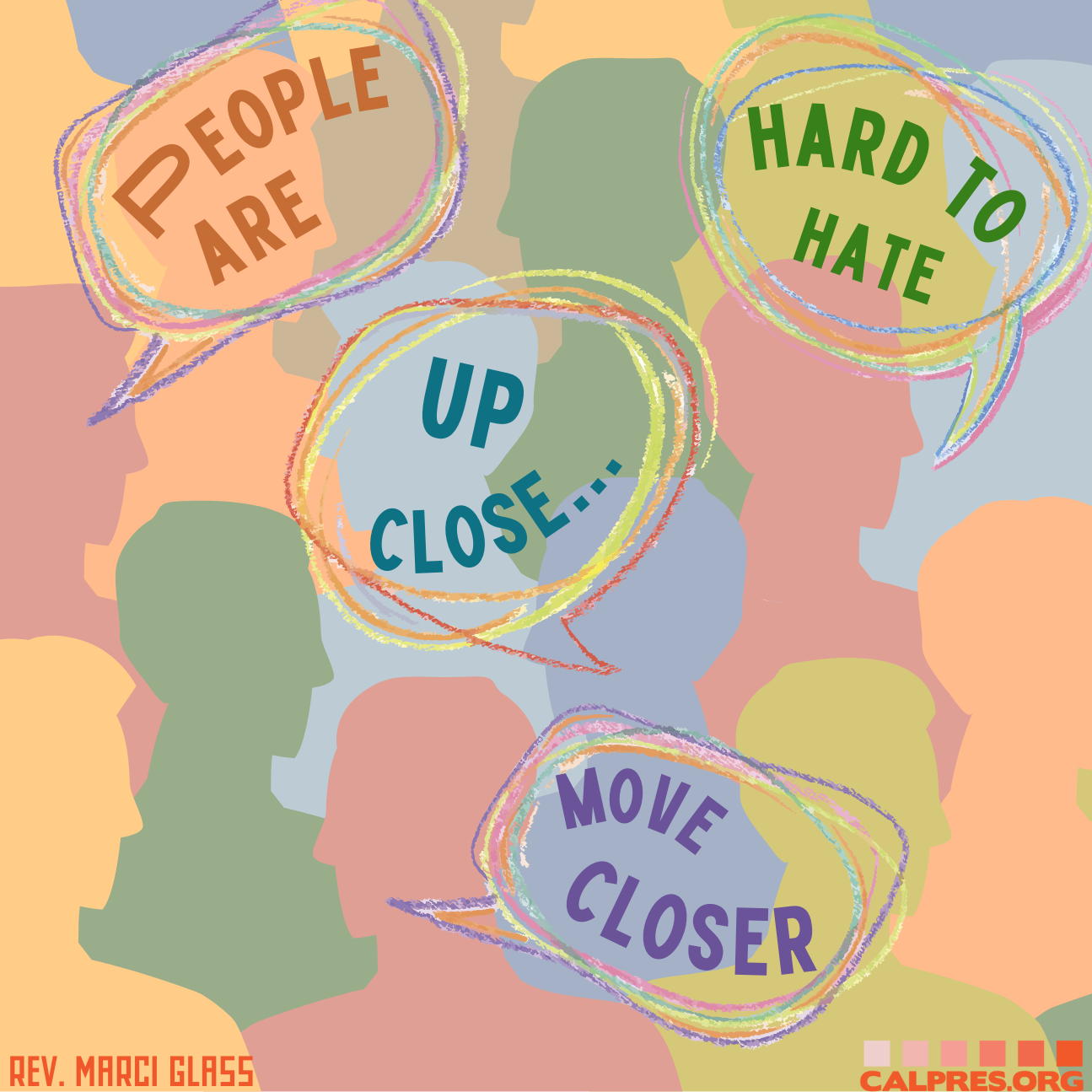 A bunch of colorful heads with scribbled speech bubbles that say the sermon text 