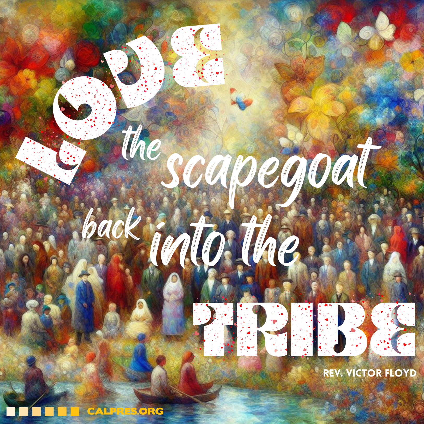 A wispy and crosshatched illustration of a large crowd of people on the edge of a water. It's very colorful and the sky is made of flowers and butterflies. The text says