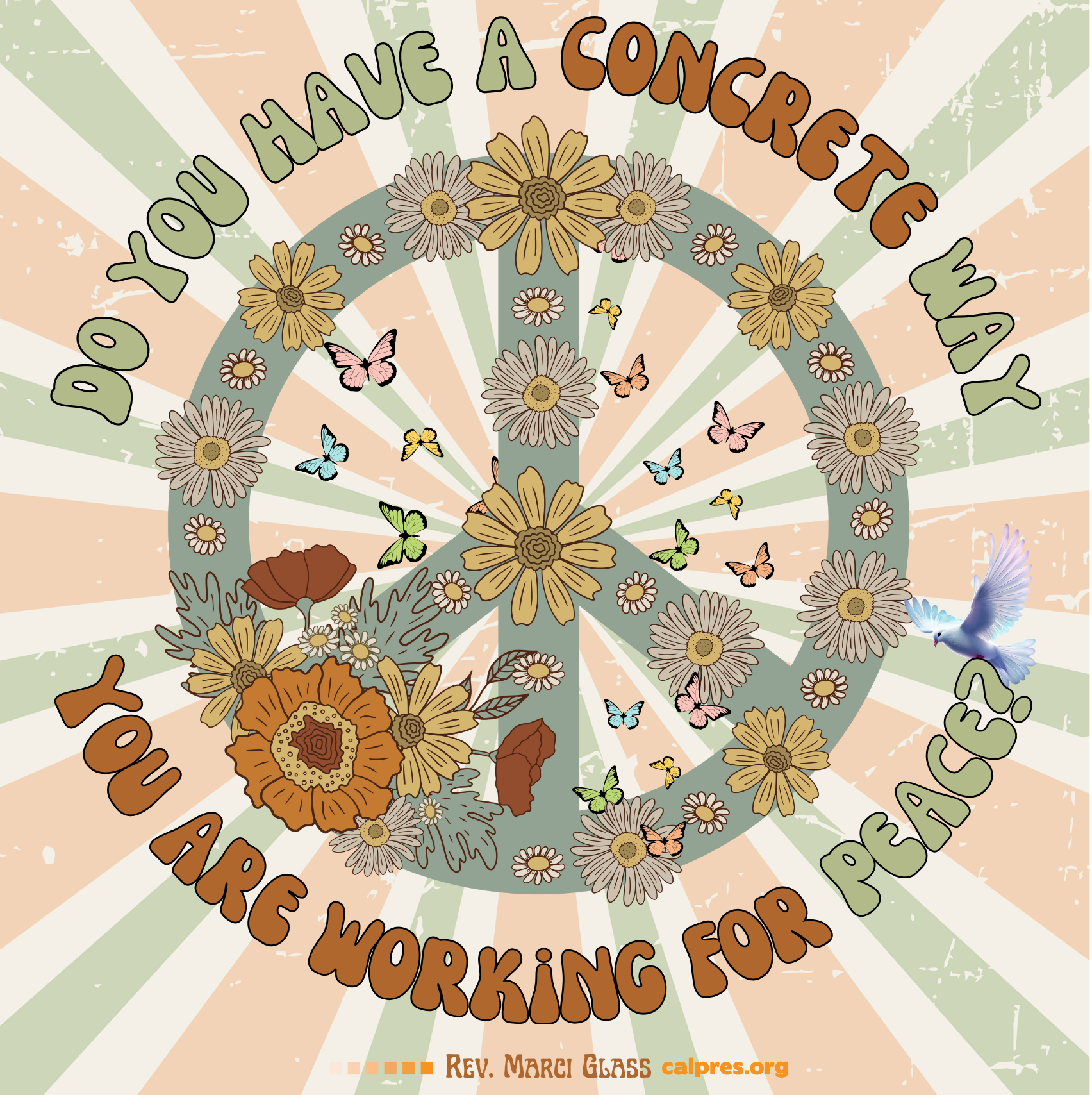 Colorful orange and green converging lines in the background. There is a giant slate blue peace sign with a bunch of various flowers on it. The text says 