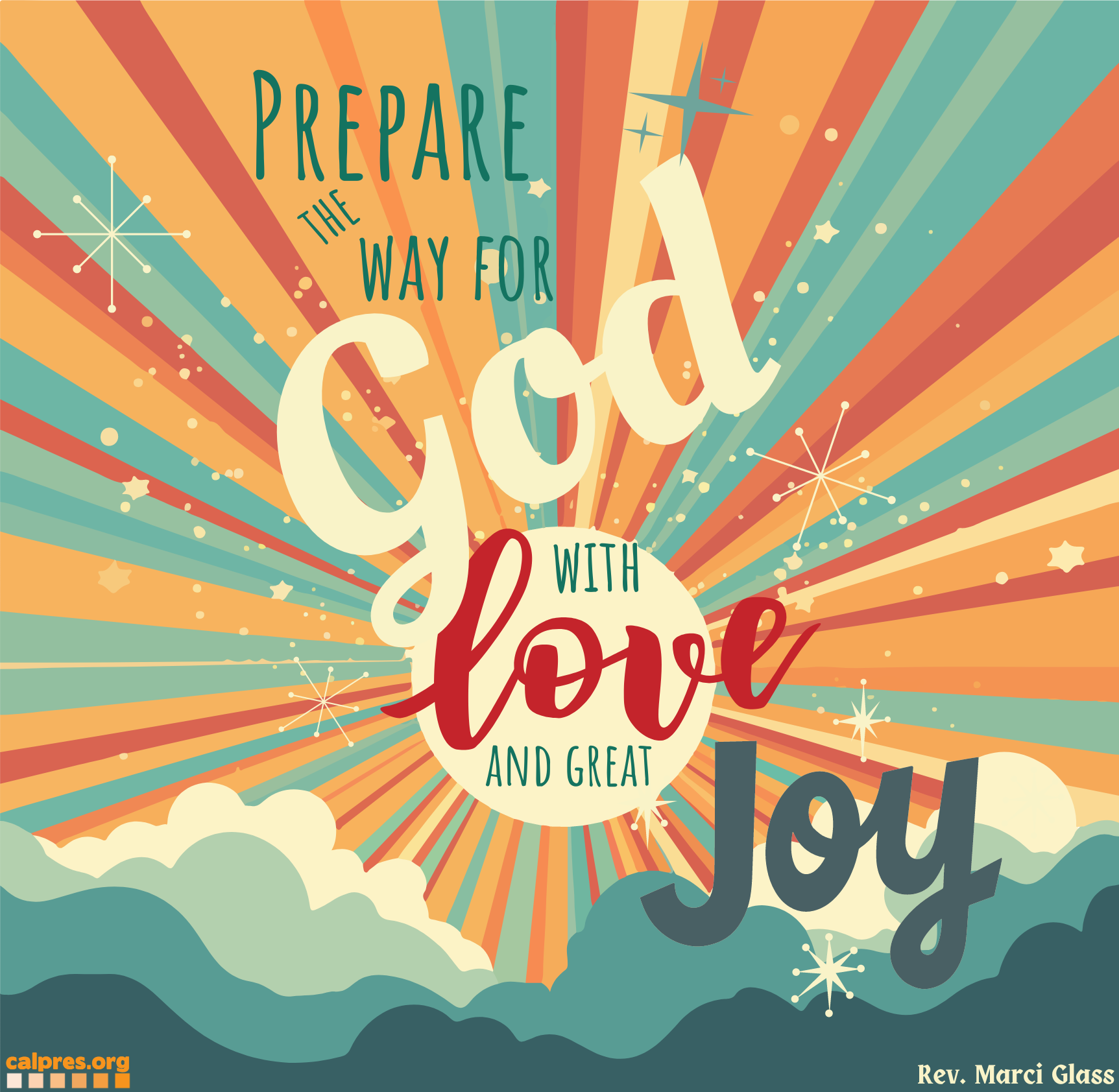 Illustration: Rays of colorful streaks in a starburst shape coming from the sun over the clouds. The text says