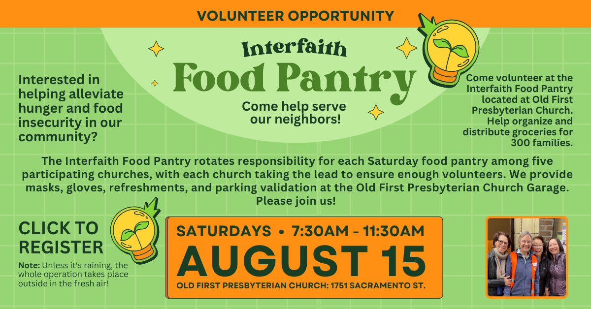 Volunteer Opportunity - Sat Aug 15 starting at 7:30am. The Interfaith Food Pantry rotates responsibility for each Saturday food pantry among five participating churches, with each church taking the lead to ensure enough volunteers. We provide masks, gloves, refreshments, and parking validation at the Old First Presbyterian Church Garage. Please join us! Click to Register.
