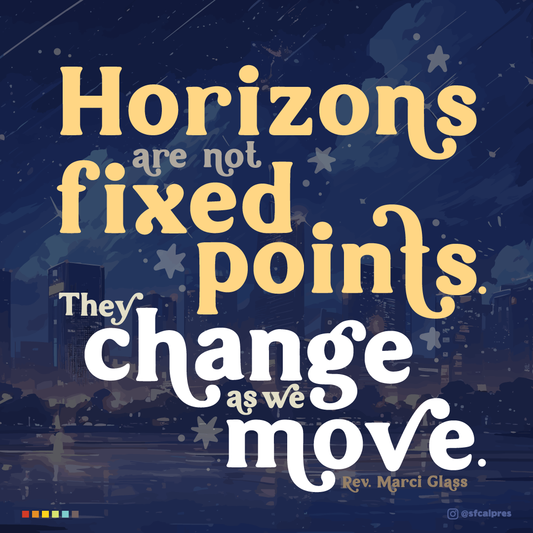 A nighttime city scape with the text