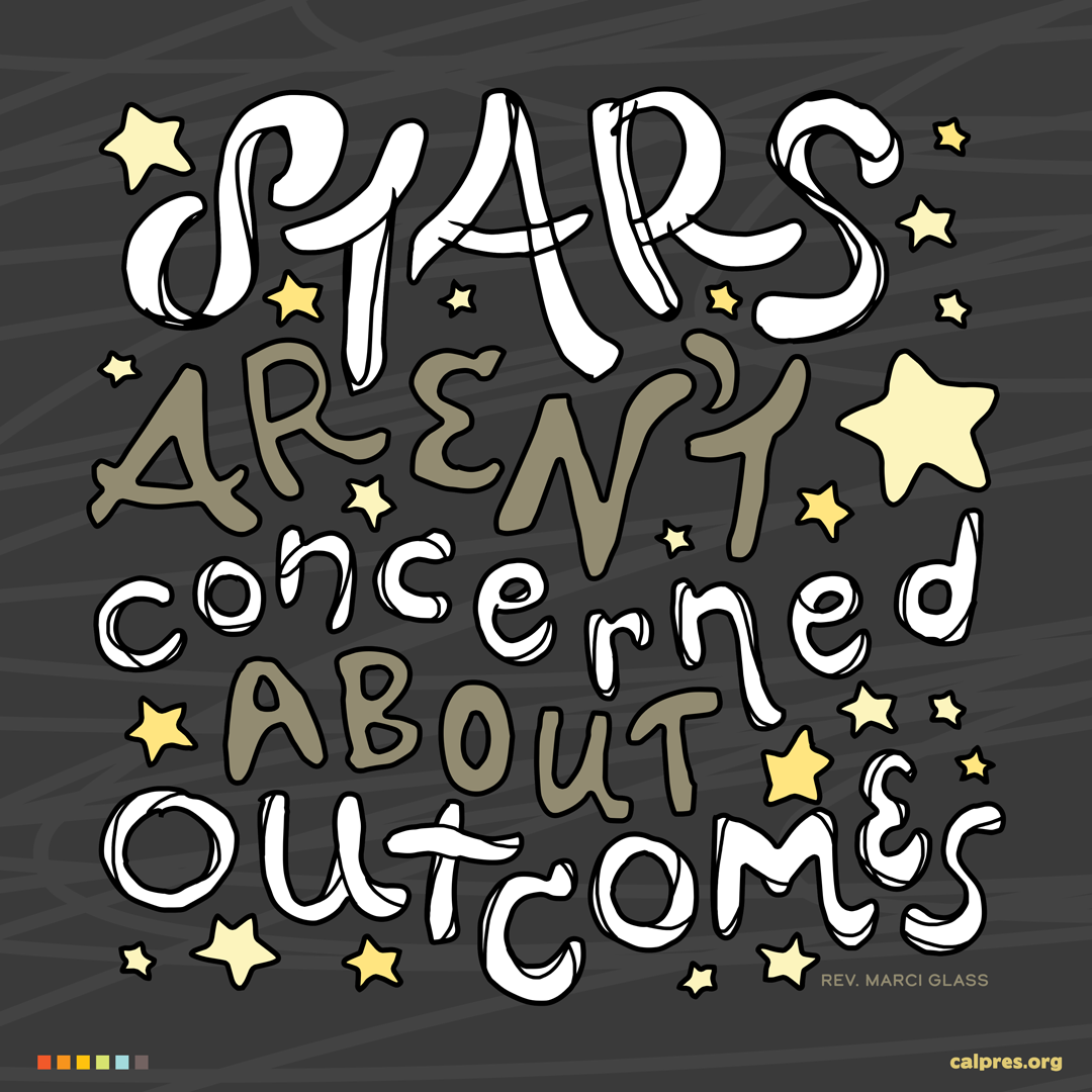 An illustration of stars with a dark background with abstract lines. It says