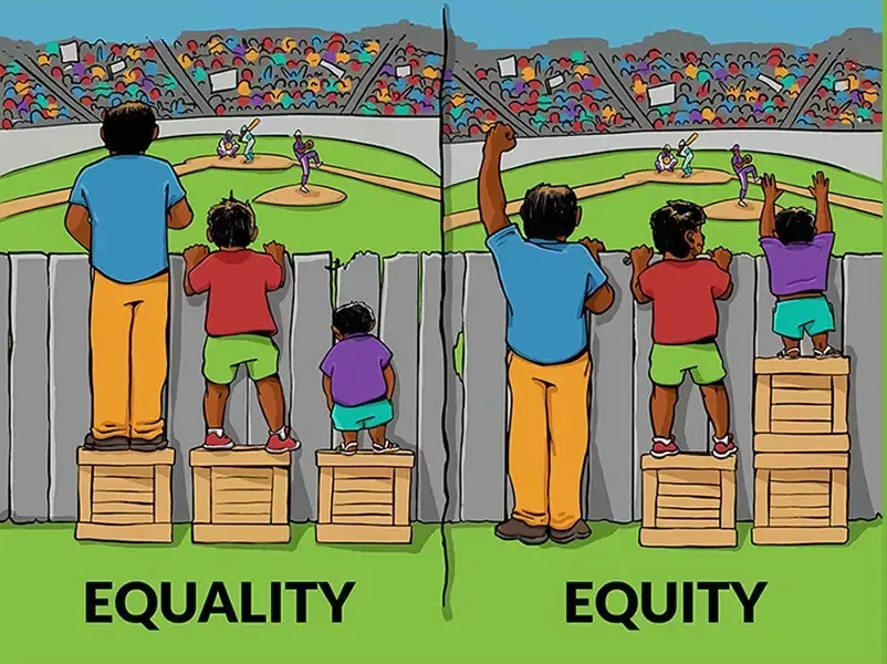 Equality vs Equity - 3 People Standing at a Fence, One Side Can't See Over The Fence, The Other Can