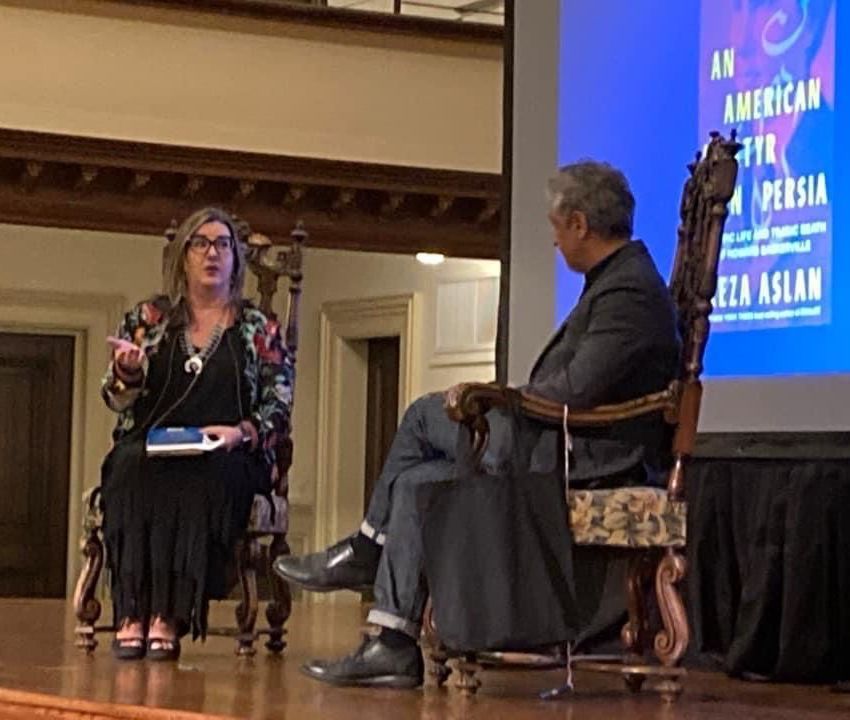 Rev. Marci Glass interviewing author Reza Aslan at one of the book events in the Sanctuary
