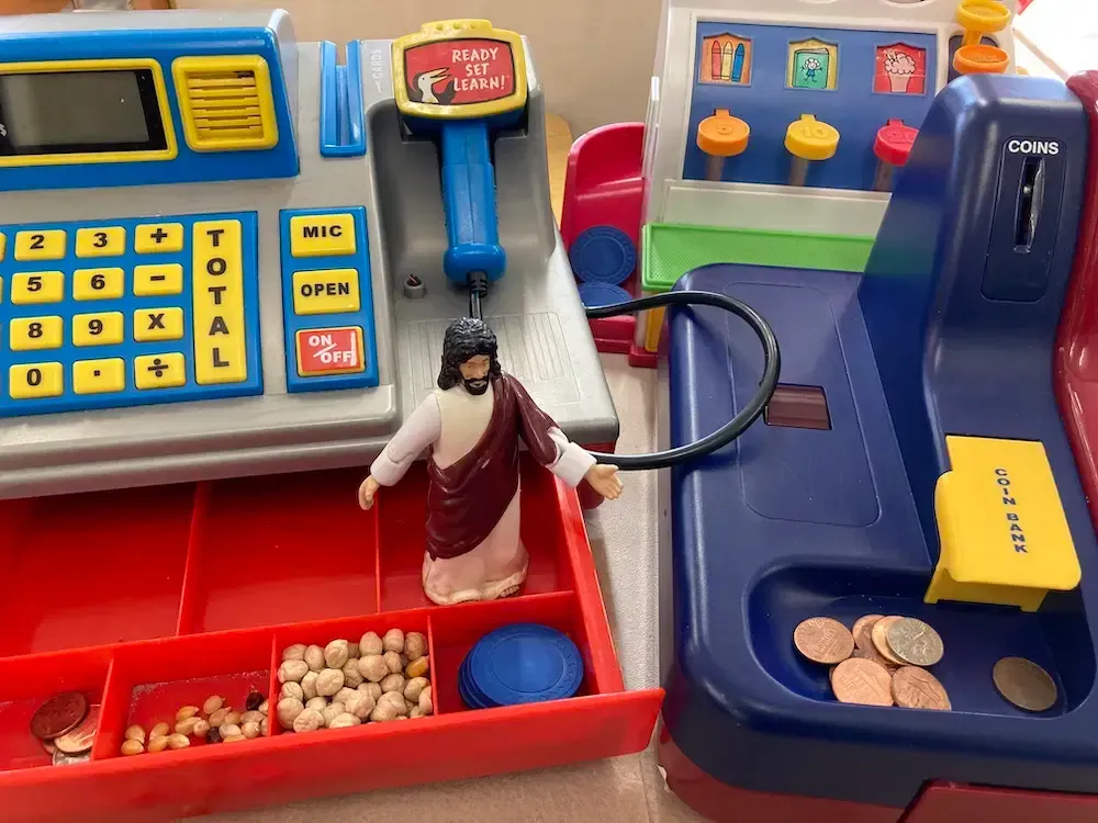 Kids Toy Cashiers and Banks with a Tiny Jesus Toy
